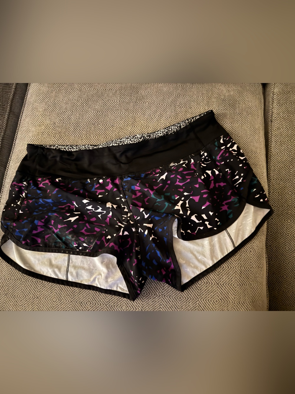 lululemon athletica Beige Lined Shorts with Black & White Patterned Trim